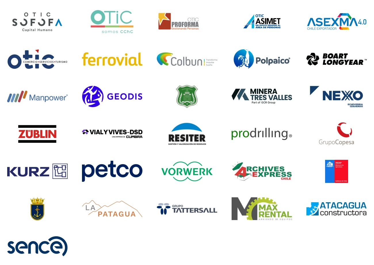 Empresas que hemos capacitado: OTIC SOFOFA, CChC, ASIMET, SENCE, Ferrovial, Colbún y más
