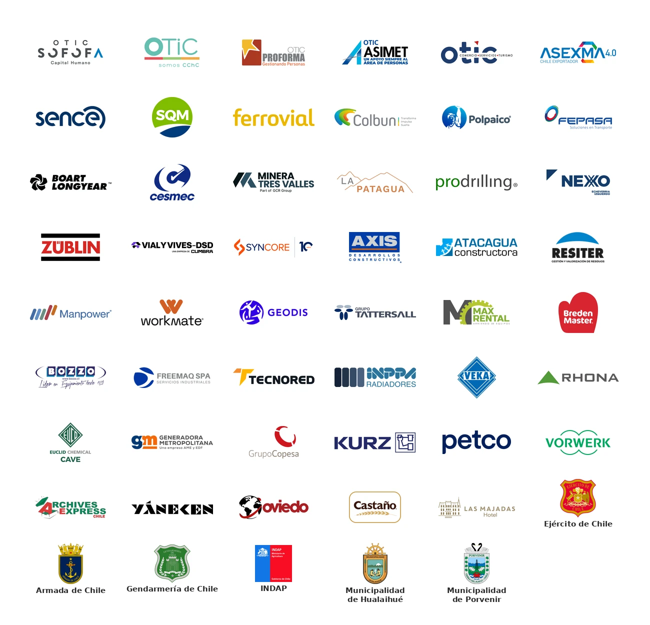 Empresas que hemos capacitado: OTIC SOFOFA, CChC, ASIMET, SENCE, Ferrovial, Colb&uacute;n y m&aacute;s